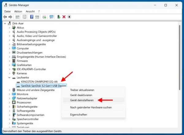 Treiber der externen Festplatte im Geräte-Manager neu installieren Externe Festplatte im Windows Geräte-Manager deinstallieren, um den Treiber neu zu installieren