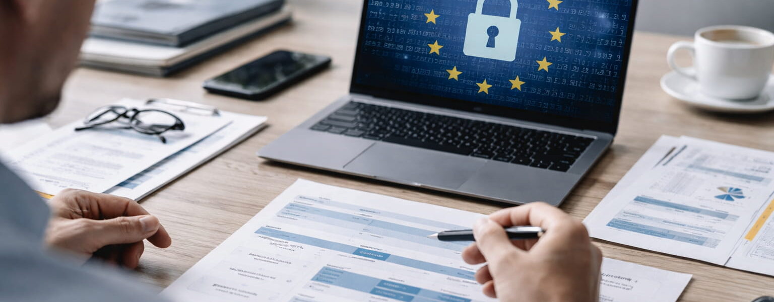 Arbeitsplatz mit Unterlagen zur NIS-2-Richtlinie und Zeitplan der Umsetzung