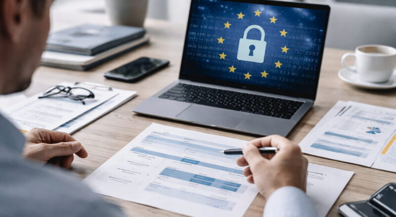 Arbeitsplatz mit Unterlagen zur NIS-2-Richtlinie und Zeitplan der Umsetzung