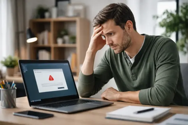 Frustrierter Nutzer vor Laptop, weil sich Programme unter Windows nicht installieren lassen