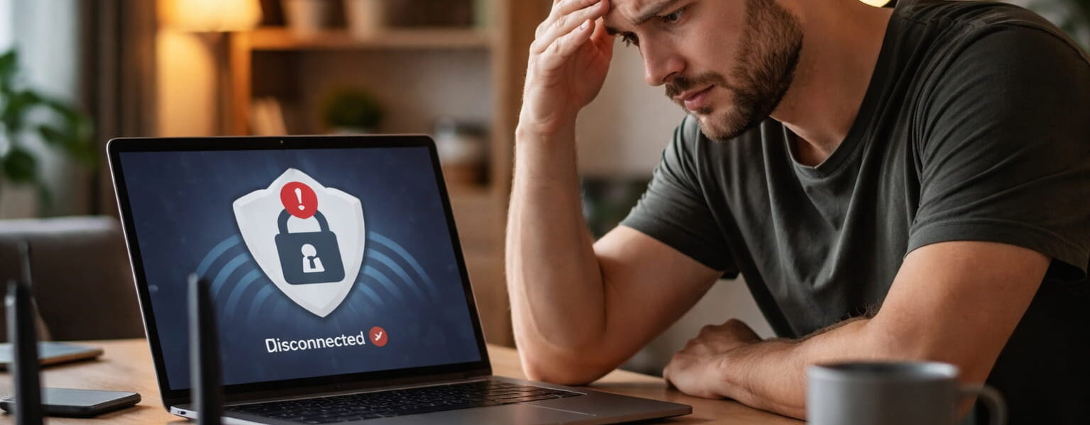 Mann im Homeoffice vor Laptop mit VPN-Verbindungsproblemen im Heimnetzwerk