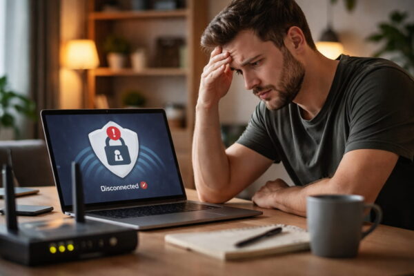 Mann im Homeoffice vor Laptop mit VPN-Verbindungsproblemen im Heimnetzwerk