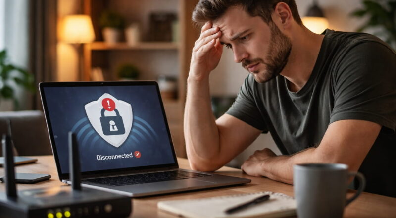 Mann im Homeoffice vor Laptop mit VPN-Verbindungsproblemen im Heimnetzwerk