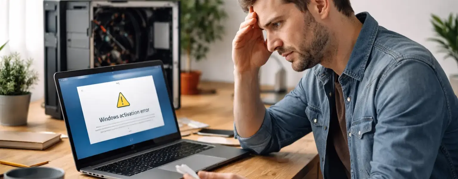 Mann sitzt ratlos vor einem PC mit nicht aktivierter Windows-Version nach Hardware-Änderung