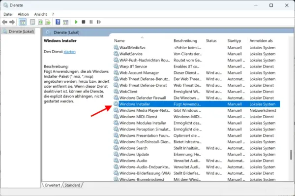 Windows Installer Dienst in den Windows-Diensten prüfen und starten