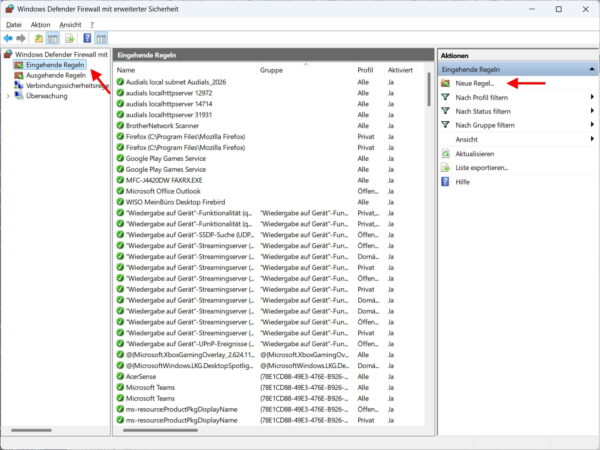 Firewall blockiert Programme beim manuellen Freigeben von Ports in der Windows Defender Firewall