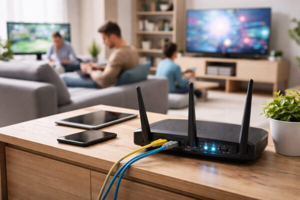 WLAN-Router im Heimnetzwerk, der mit NAT mehrere Geräte über eine öffentliche IP-Adresse ins Internet verbindet