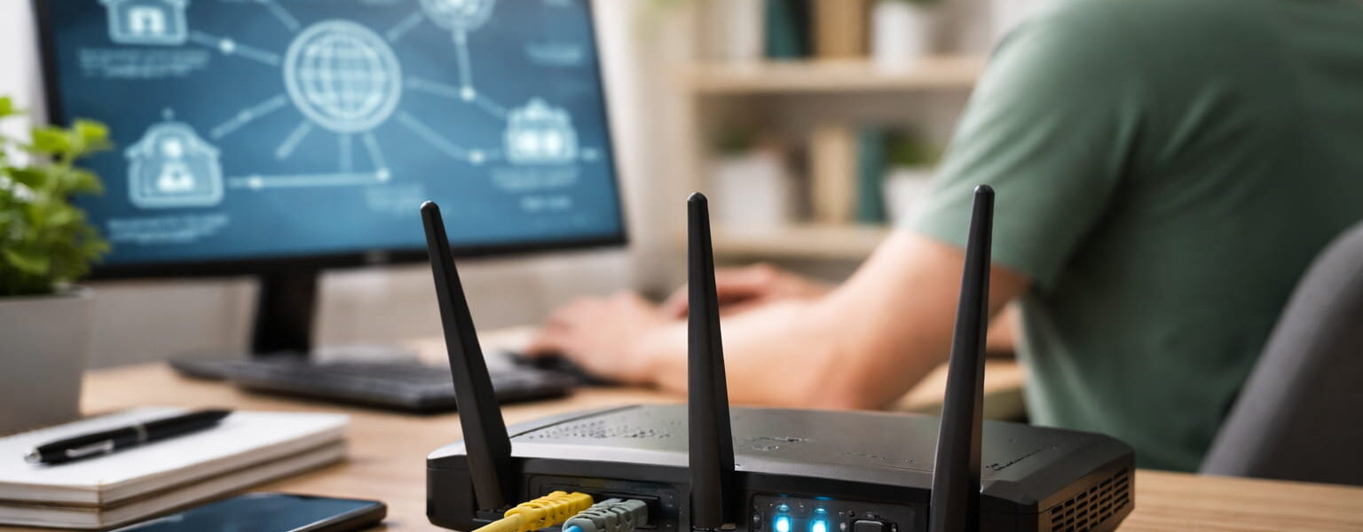 Router im Heimnetzwerk mit angeschlossenen LAN-Kabeln, der NAT zur Übersetzung privater IP-Adressen ins Internet nutzt