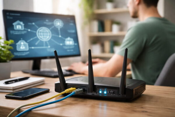 Router im Heimnetzwerk mit angeschlossenen LAN-Kabeln, der NAT zur Übersetzung privater IP-Adressen ins Internet nutzt