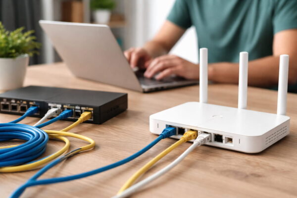 Router und Switch mit angeschlossenen Netzwerkkabeln als Beispiel für die OSI-Schichten 1 bis 3