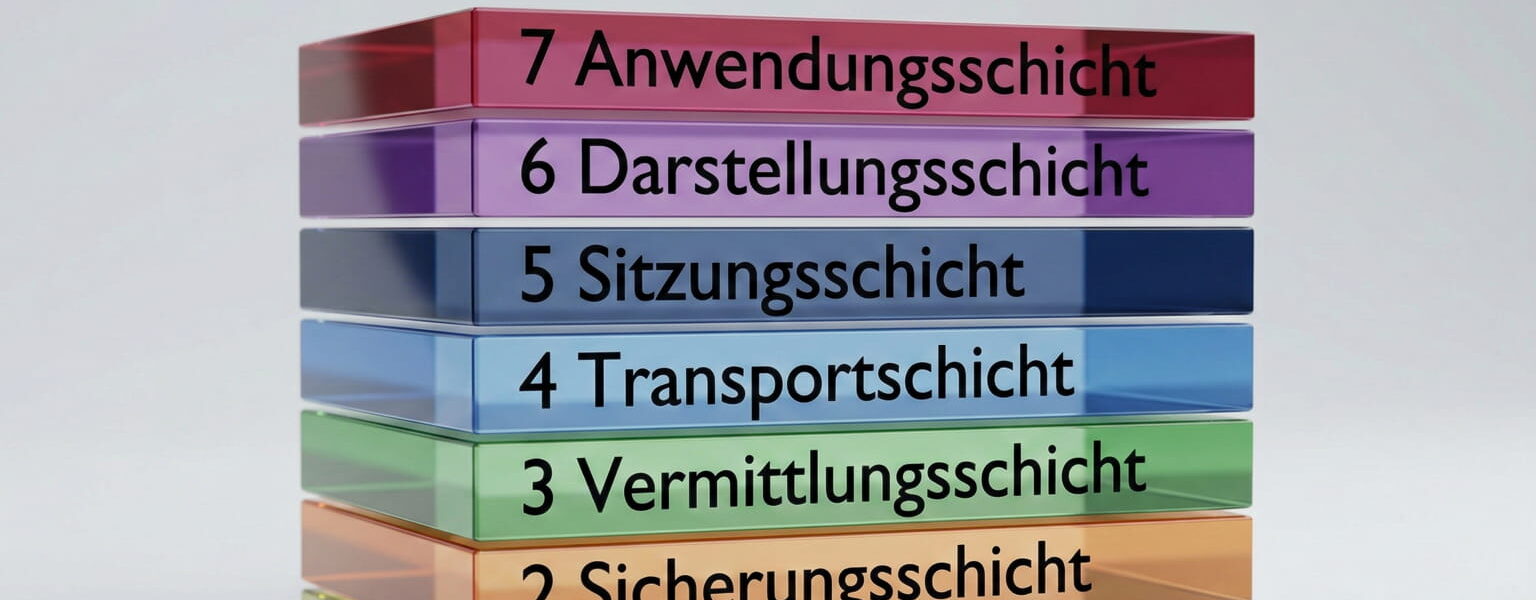 Darstellung des OSI-Schichtenmodells mit sieben nummerierten Ebenen von Bitübertragungsschicht bis Anwendungsschicht