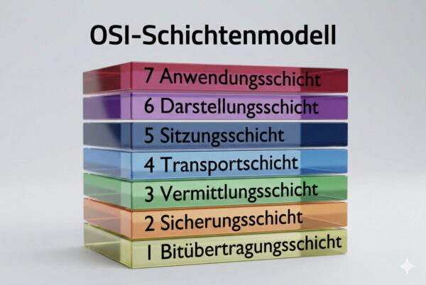 Darstellung des OSI-Schichtenmodells mit sieben nummerierten Ebenen von Bitübertragungsschicht bis Anwendungsschicht