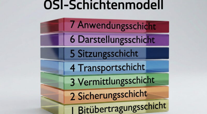 Darstellung des OSI-Schichtenmodells mit sieben nummerierten Ebenen von Bitübertragungsschicht bis Anwendungsschicht