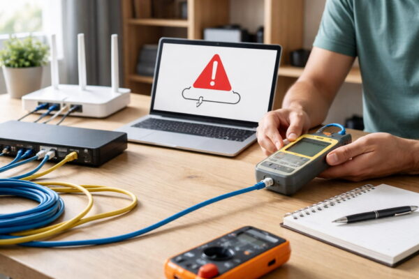 Person prüft Router und Netzwerkkabel mit Kabeltester bei der Fehleranalyse im Heimnetzwerk nach dem OSI-Modell