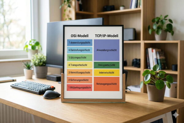 Gegenüberstellung von OSI-Modell und TCP-IP-Modell mit 7 und 4 Schichten auf einem Schreibtisch