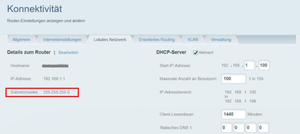 Subnetzmaske 255.255.255.0 in den Router-Einstellungen