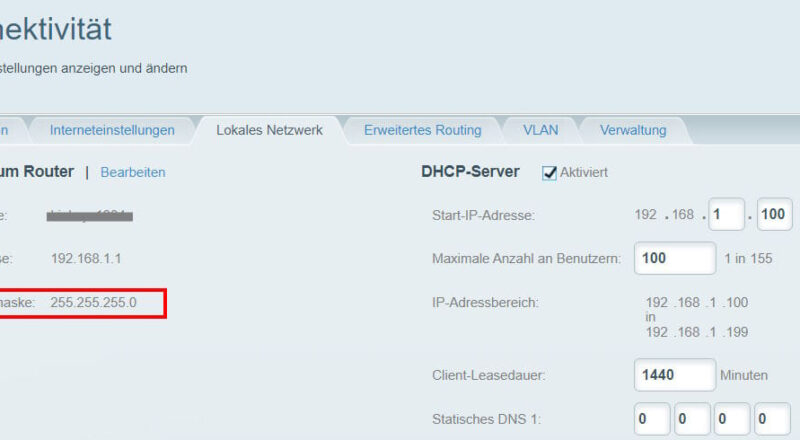 Subnetzmaske 255.255.255.0 in den Router-Einstellungen