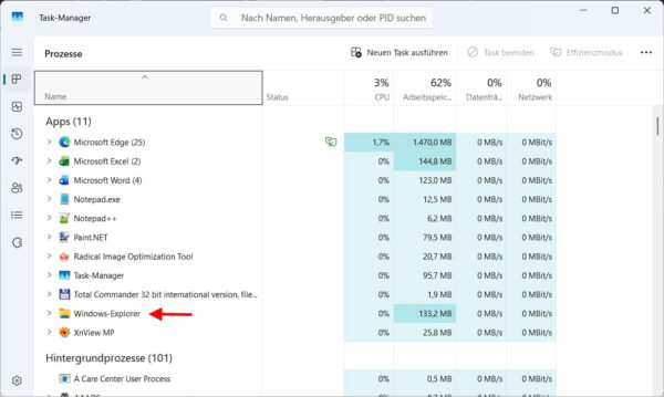 Windows-Explorer im Task-Manager als mögliche Ursache für blockierte Dateien