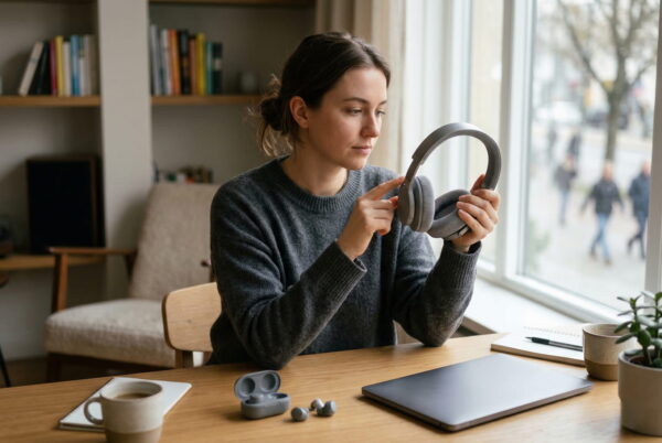 Eine Frau am Schreibtisch vergleicht verschiedene Kopfhörer-Modelle wie Over-Ears und In-Ears vor dem Kauf.