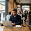 Ein Mann arbeitet konzentriert mit seinem Laptop in einem belebten, lauten Café.