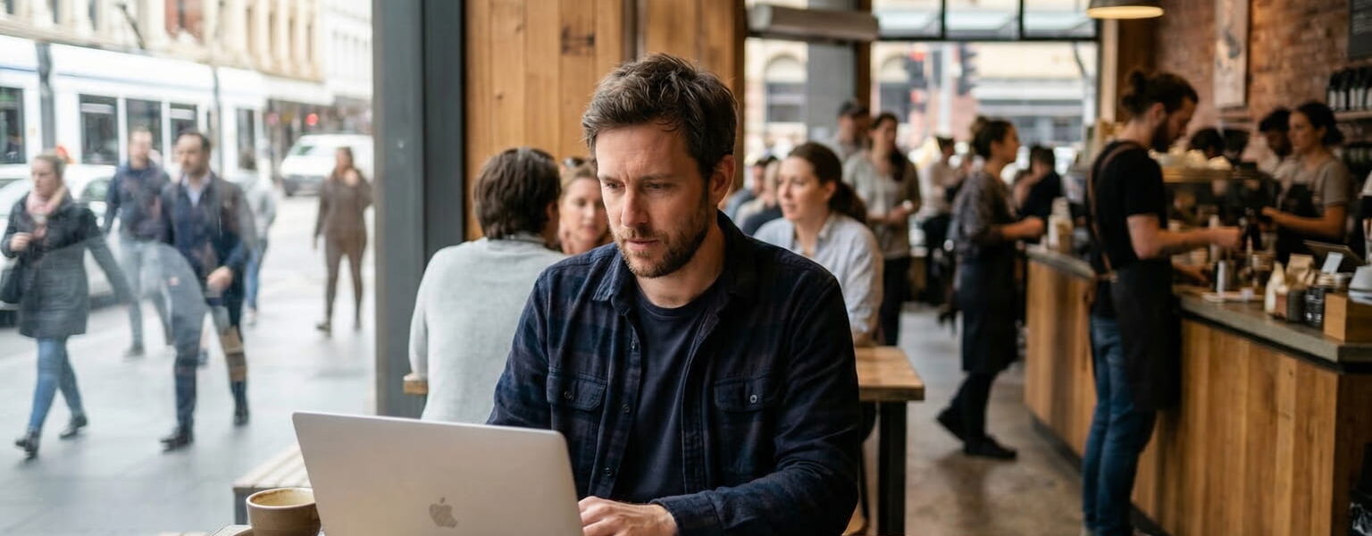 Ein Mann arbeitet konzentriert mit seinem Laptop in einem belebten, lauten Café.