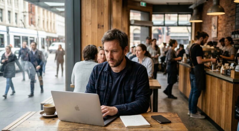 Ein Mann arbeitet konzentriert mit seinem Laptop in einem belebten, lauten Café.