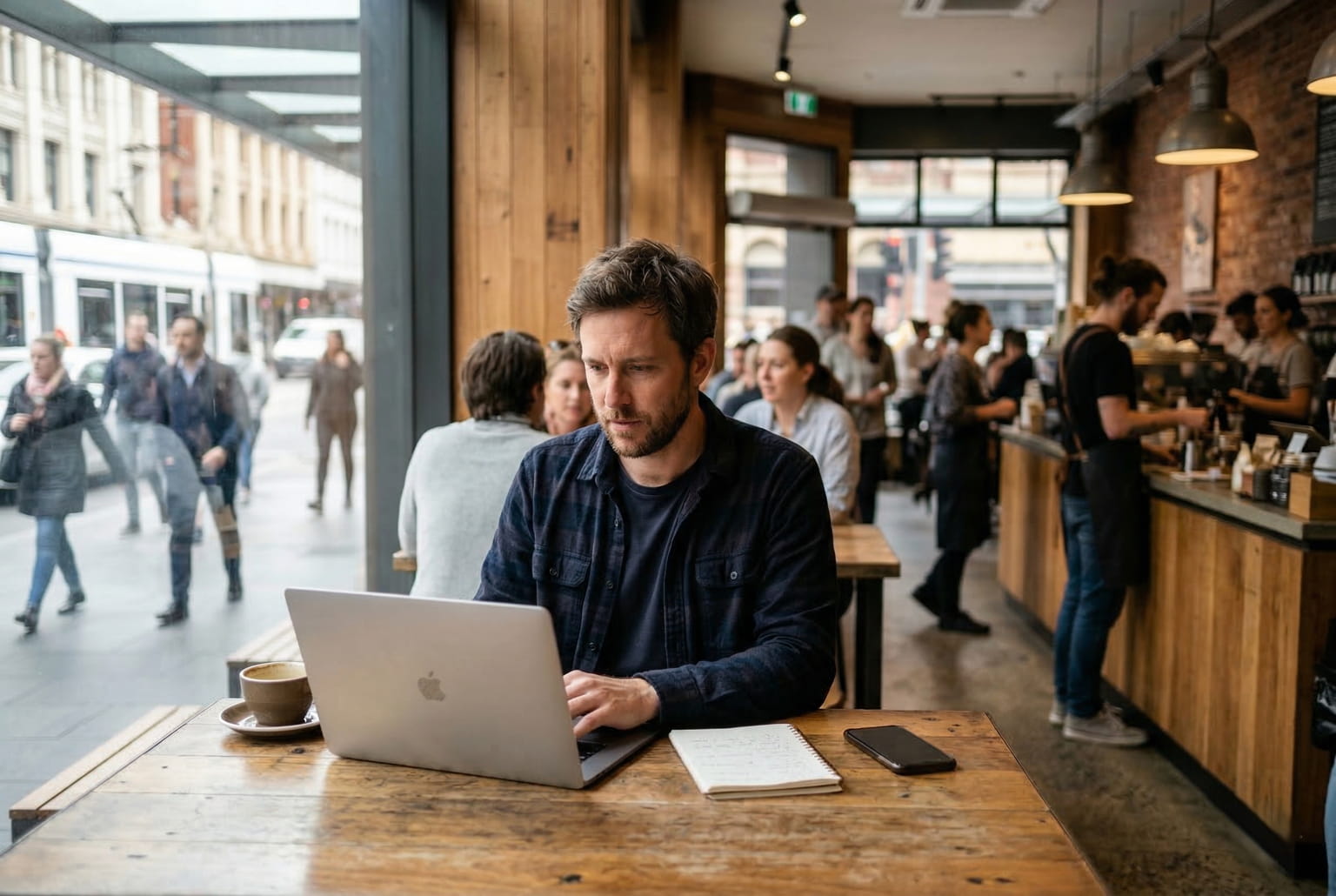 Ein Mann arbeitet konzentriert mit seinem Laptop in einem belebten, lauten Café.