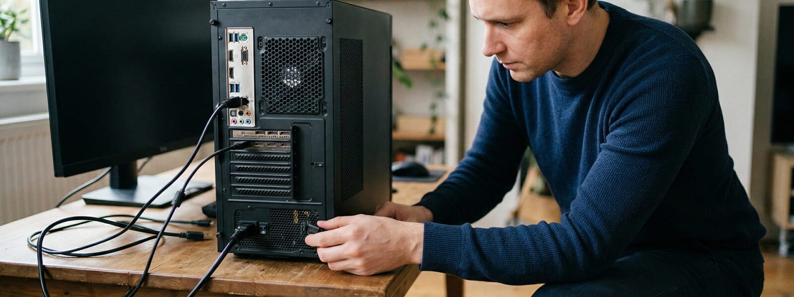 Ein Mann überprüft die Kabelanschlüsse an der Rückseite eines Desktop-PCs.