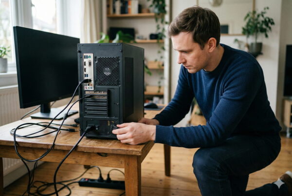 Ein Mann überprüft die Kabelanschlüsse an der Rückseite eines Desktop-PCs.