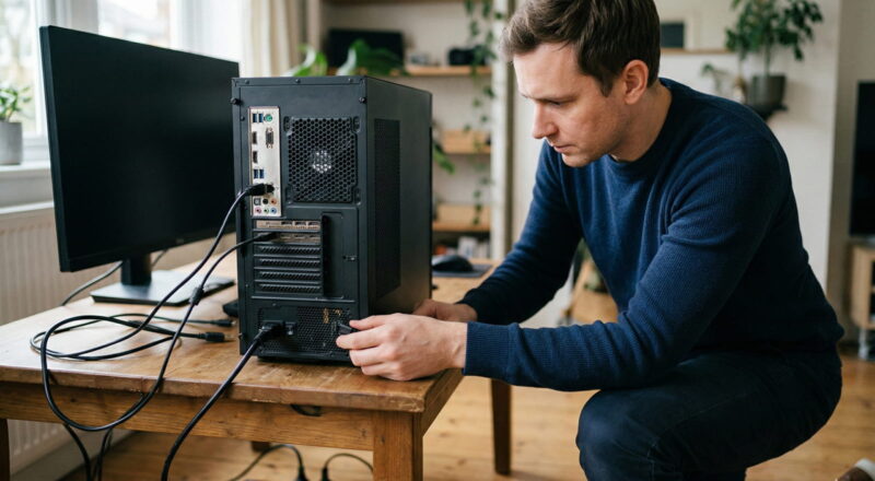 Ein Mann überprüft die Kabelanschlüsse an der Rückseite eines Desktop-PCs.