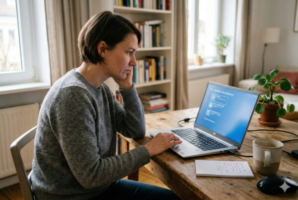 Eine Frau nutzt die Windows Wiederherstellungsumgebung an ihrem Laptop, um ein Update rückgängig zu machen.