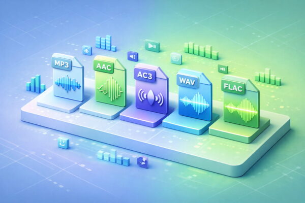 Übersicht der wichtigsten Audioformate wie MP3, AAC, AC3, WAV und FLAC als visuelle Darstellung