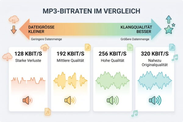 MP3 Bitrate und Klangqualität im Vergleich von 128 bis 320 kbit/s MP3 Bitrate Vergleich 128 bis 320 kbit pro Sekunde und Einfluss auf die Klangqualität