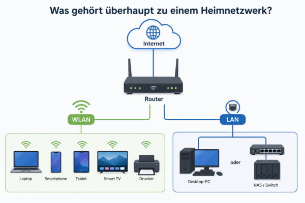 Schaubild zum Aufbau eines Heimnetzwerks mit Internet, Router, WLAN-Geräten und LAN-Verbindungen