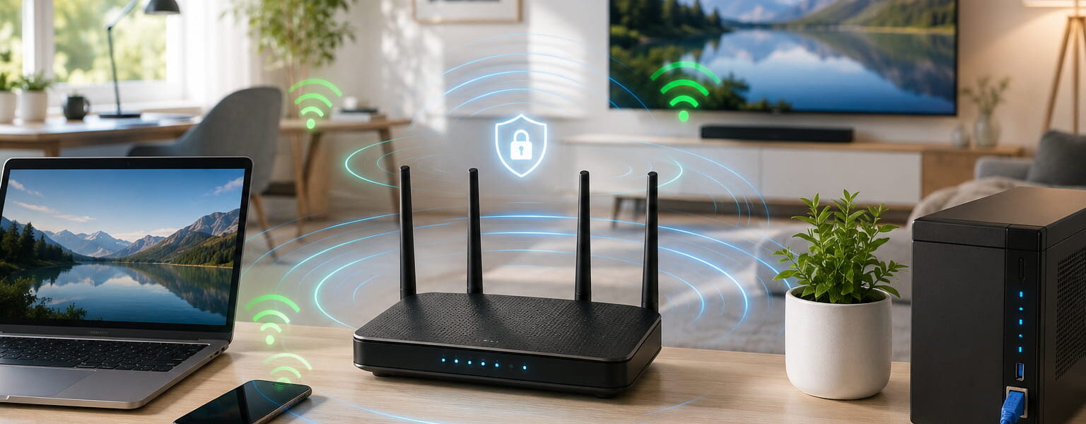 Modernes Heimnetzwerk mit Router, WLAN-Signal, Laptop, Smartphone, Smart-TV und LAN-Verbindung im Wohnzimmer