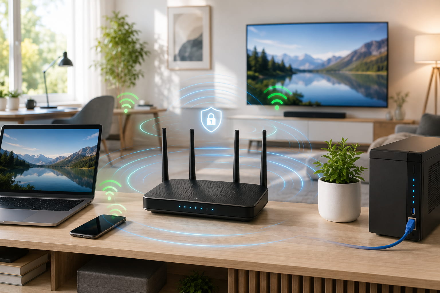 Modernes Heimnetzwerk mit Router, WLAN-Signal, Laptop, Smartphone, Smart-TV und LAN-Verbindung im Wohnzimmer
