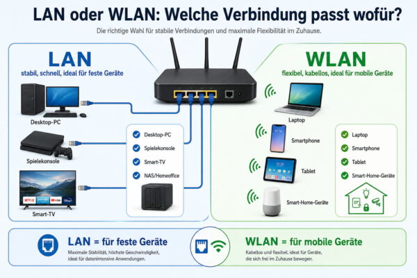 Vergleich von LAN und WLAN im Heimnetzwerk mit Kabelverbindungen für feste Geräte und WLAN für mobile Geräte