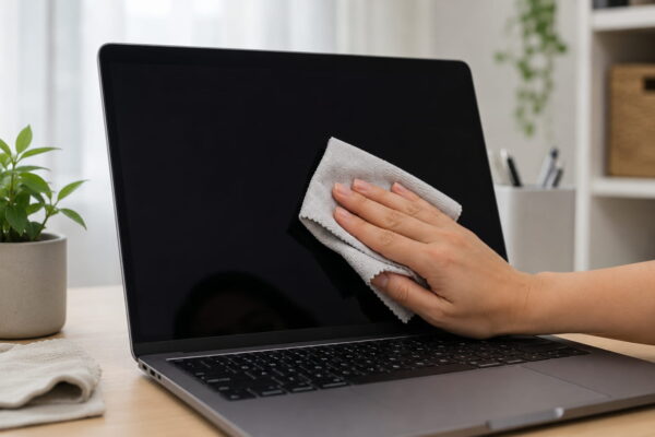 Laptop-Display schlierenfrei und sicher reinigen Laptop-Display wird vorsichtig mit einem Mikrofasertuch gereinigt