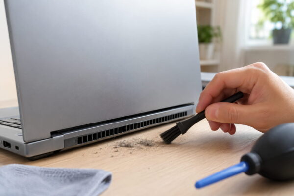 Laptop-Lüftungsschlitze reinigen und Überhitzung vermeiden Lüftungsschlitze eines Laptops werden vorsichtig mit einem kleinen Pinsel von Staub befreit