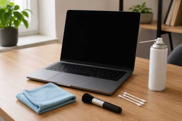 Laptop richtig reinigen mit Mikrofasertuch, Pinsel und Druckluft Laptop mit Mikrofasertuch, Pinsel, Druckluftdose und Wattestäbchen zur schnellen Reinigung