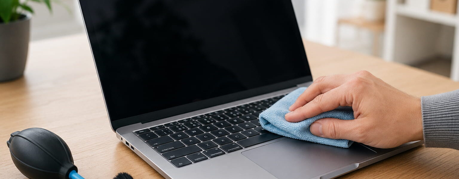 Laptop wird mit Mikrofasertuch gereinigt, daneben liegen Pinsel und Blasebalg als Reinigungszubehör