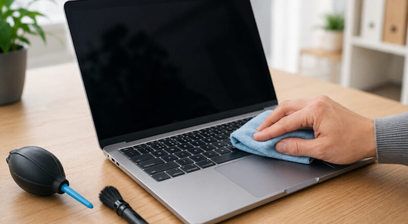 Laptop wird mit Mikrofasertuch gereinigt, daneben liegen Pinsel und Blasebalg als Reinigungszubehör