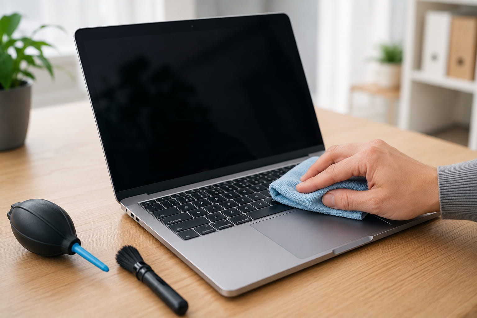 Laptop wird mit Mikrofasertuch gereinigt, daneben liegen Pinsel und Blasebalg als Reinigungszubehör