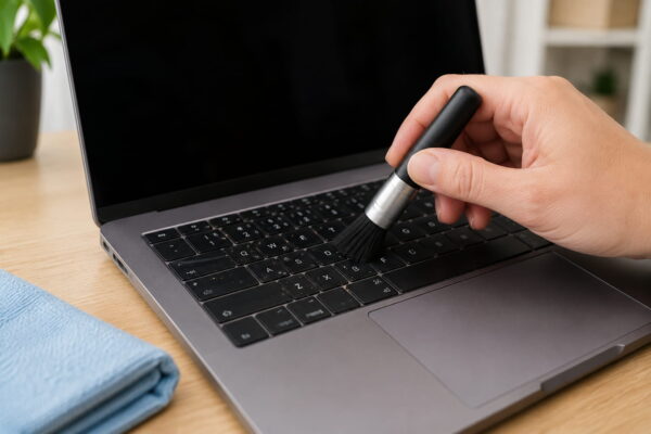 Laptop-Tastatur richtig reinigen und Krümel entfernen Laptop-Tastatur wird mit einem kleinen Pinsel von Staub und Krümeln gereinigt