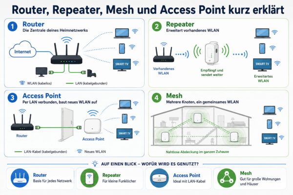 Infografik zu Router, Repeater, Mesh und Access Point mit einfacher Erklärung der Unterschiede im Heimnetzwerk