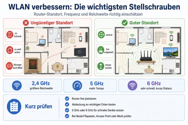 Infografik zur WLAN-Optimierung mit gutem Router-Standort, Frequenzbändern und Tipps für bessere Reichweite