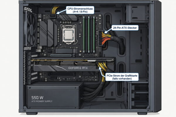 Stromanschlüsse von Netzteil und Mainboard prüfen Stromanschlüsse prüfen, wenn das Netzteil defekt sein könnte