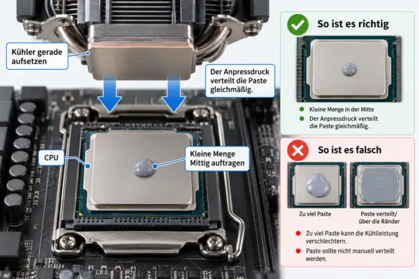 Wärmeleitpaste richtig auftragen auf die CPU Wärmeleitpaste richtig auftragen: kleine Menge mittig auf die CPU geben und den Kühler gerade aufsetzen.