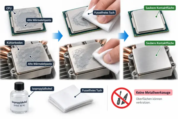 Wärmeleitpaste richtig entfernen und Kontaktflächen reinigen Alte Wärmeleitpaste von CPU und Kühler mit einem fusselfreien Tuch und Isopropylalkohol entfernen.