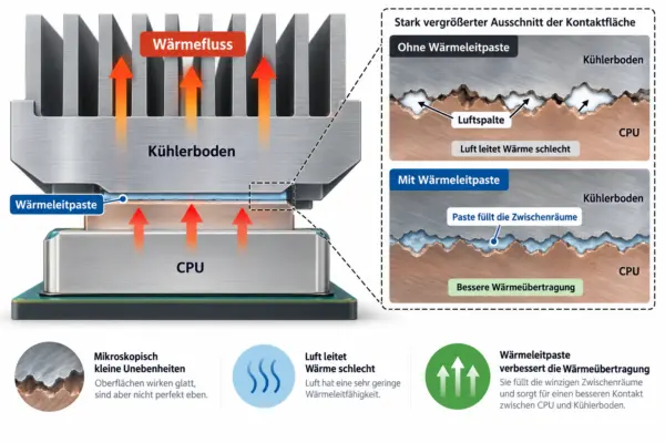 So verbessert Wärmeleitpaste die Wärmeübertragung zwischen CPU und Kühler Wärmeleitpaste zwischen CPU und Kühler füllt kleine Luftspalte und verbessert die Wärmeübertragung.